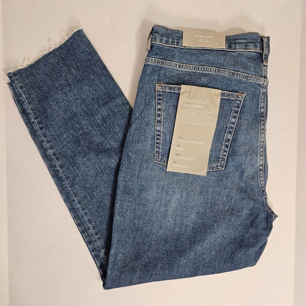 NWT Everlane Women's The Cheeky Jean High Rise Low Stretch 33 Regular Raw Hem